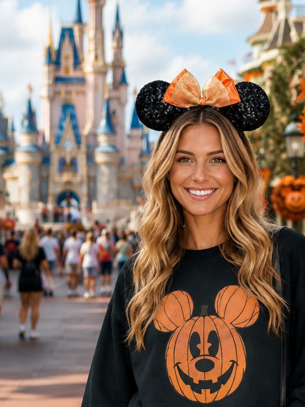 NWT Disney Minnie Mouse Black Sequin Ears and Orange Bow Headband